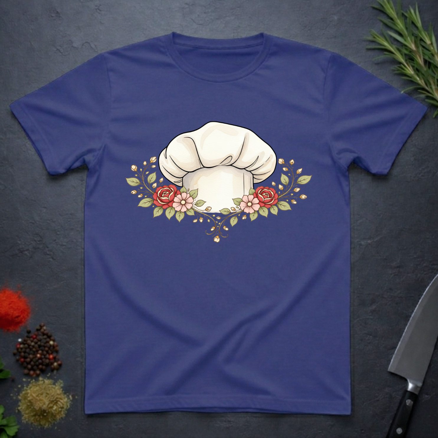 Metro Blue t-shirt with a chef's hat and floral design on a dark surface.