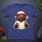 Metro blue t-shirt with a grizzly bear chef holding utensils design on a dark surface.