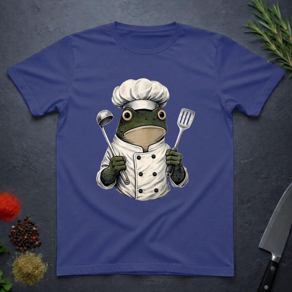 Metro blue t-shirt with a frog chef holding utensils design on a dark surface.