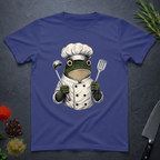 Metro blue t-shirt with a frog chef holding utensils design on a dark surface.