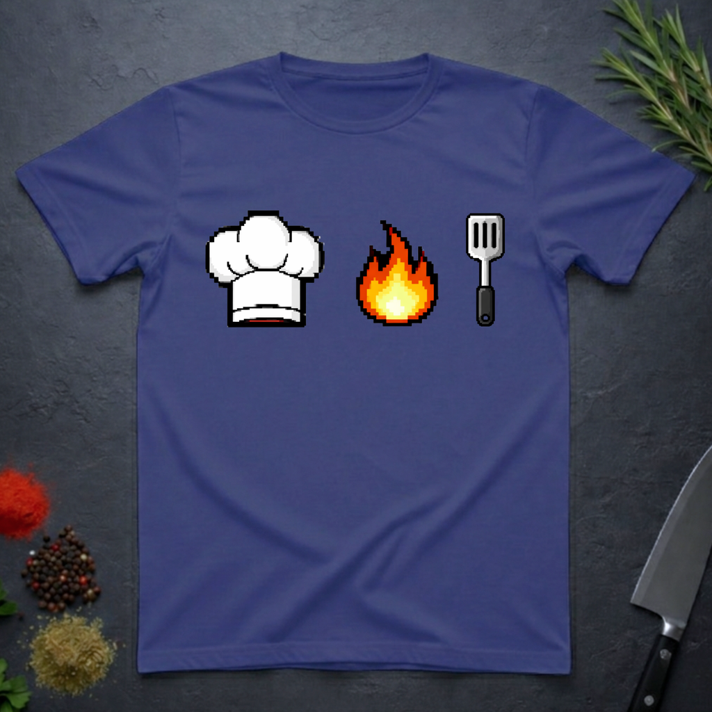 Metro Blue t-shirt with pixelated chef hat, flame, and spatula icons on a dark surface.