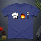 Metro Blue t-shirt with pixelated chef hat, flame, and spatula icons on a dark surface.