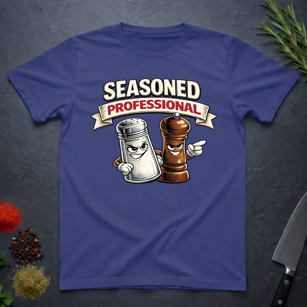 Metro Blue t-shirt with cartoon salt and pepper shakers and 'Seasoned Professional' text on a dark surface.