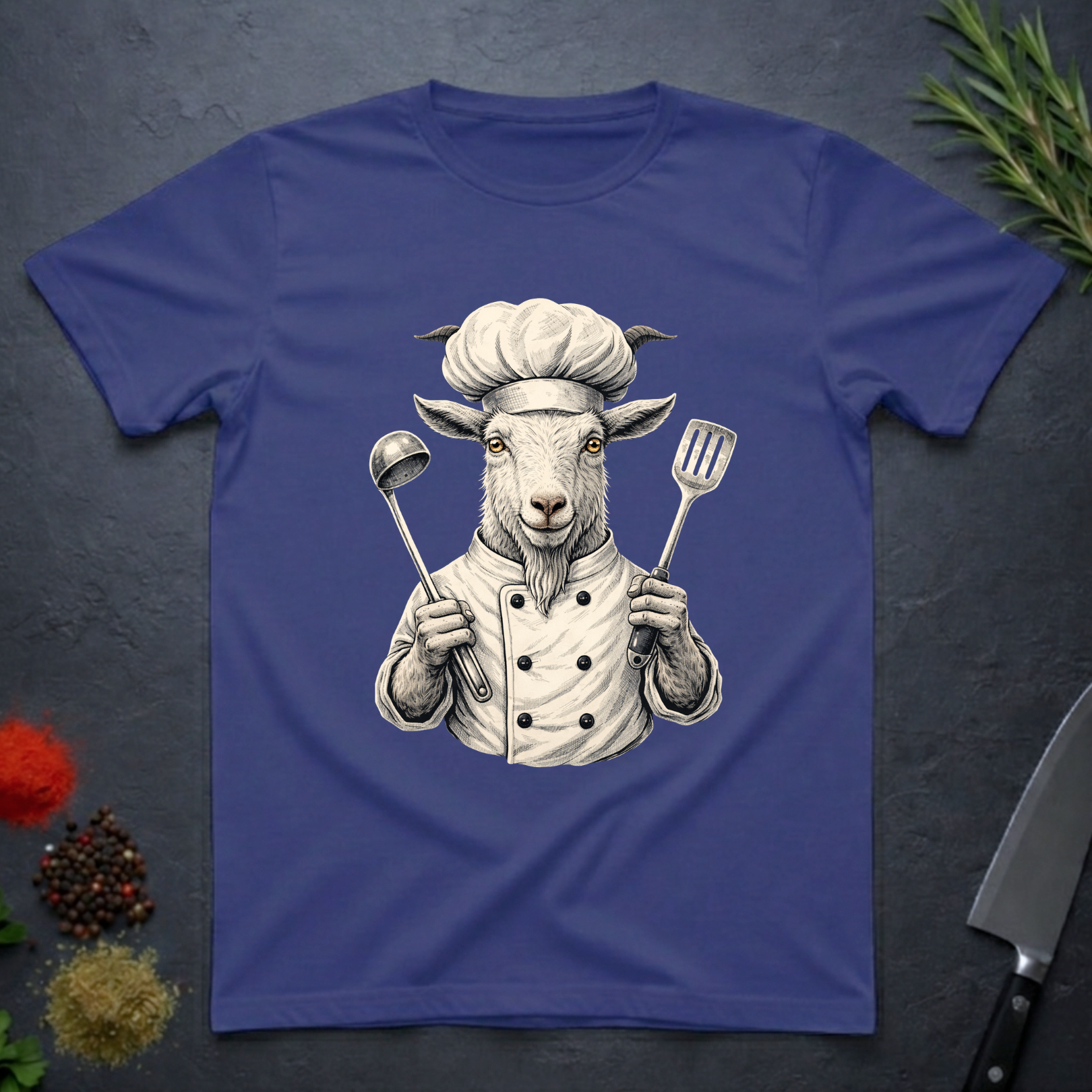 Metro Blue t-shirt with a graphic of a chef goat holding cooking utensils on a dark surface.