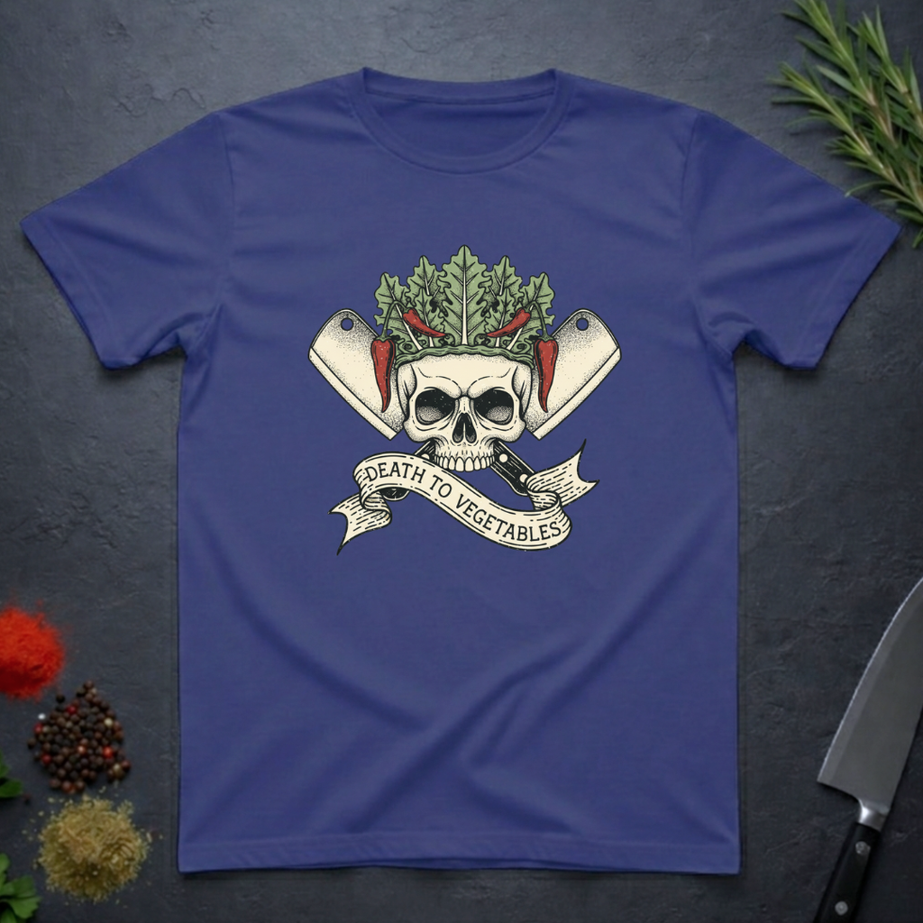 Metro blue t-shirt with skull and crossed knives with vegetables design with text "Death To Vegetable" on a dark surface.