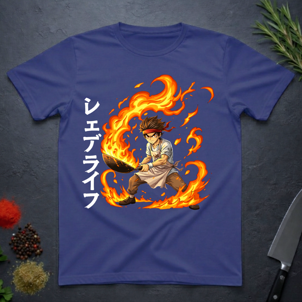 Metro Blue t-shirt with a graphic design of an anime character holding wok in flames with Japanese characters on a dark surface.