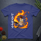 Metro Blue t-shirt with a graphic design of an anime character holding wok in flames with Japanese characters on a dark surface.