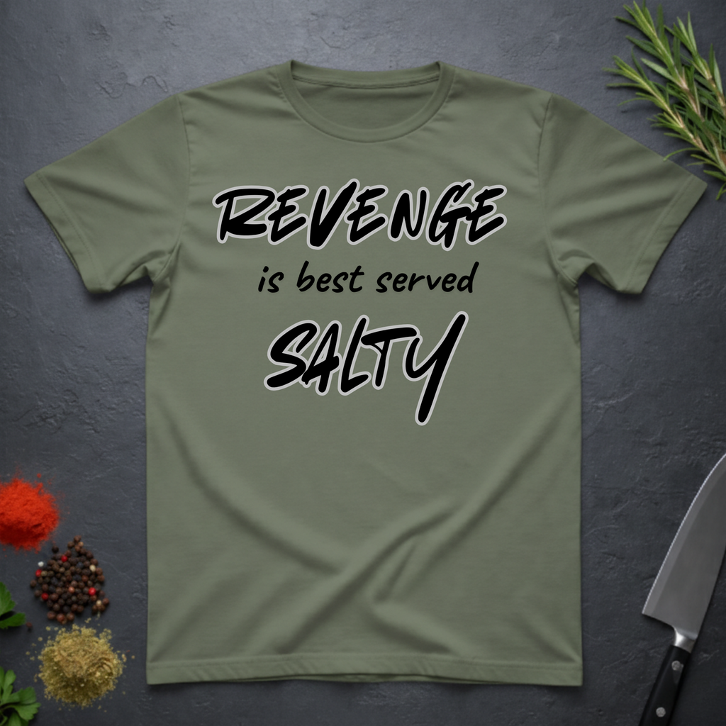 Military Green t-shirt with 'REVENGE is best served SALTY' text on a dark surface.