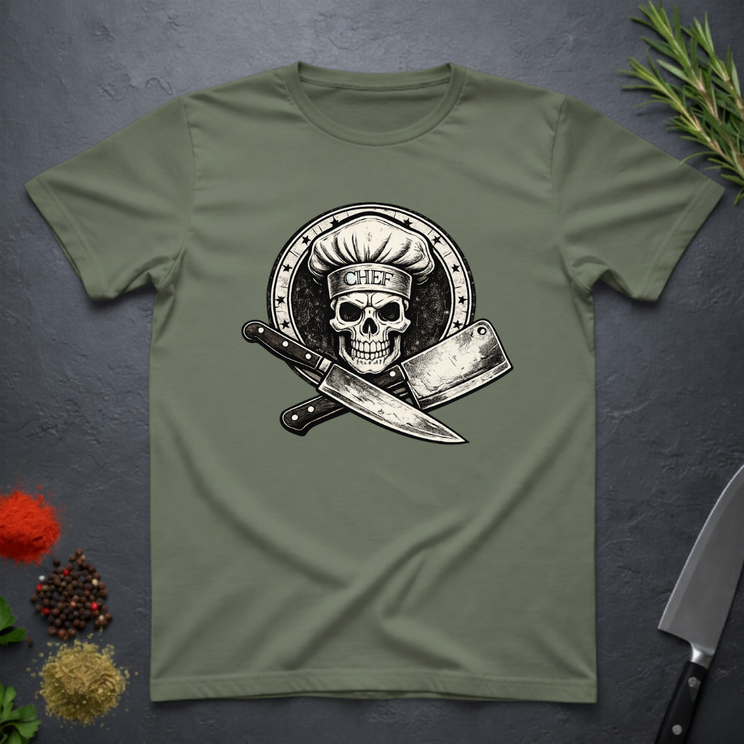 Military green t-shirt with skull in chef hat with crossed knifes graphic on a dark surface.