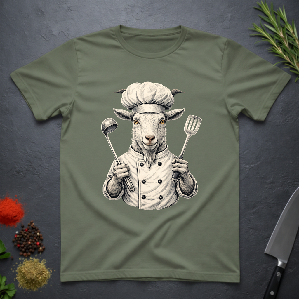 Military Green t-shirt with a graphic of a chef goat holding kitchen utensils on a dark surface.
