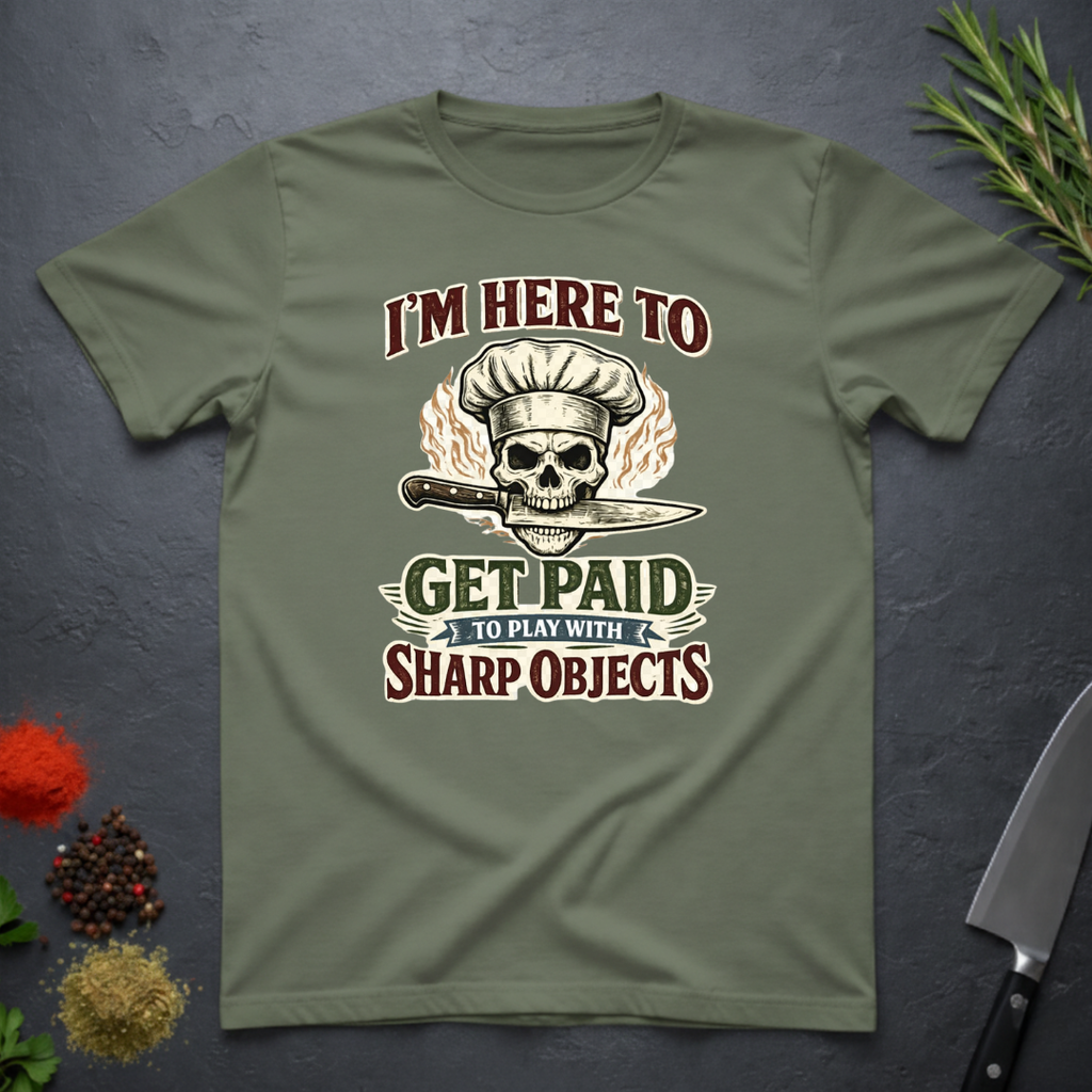 Military Green t-shirt with skull and knife graphic and text "I'm Here to Get Paid the Play with Sharp objects" on a dark surface
