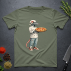 Military Green t-shirt with a graphic of a city rat in a chef's outfit holding a pizza on a dark surface.
