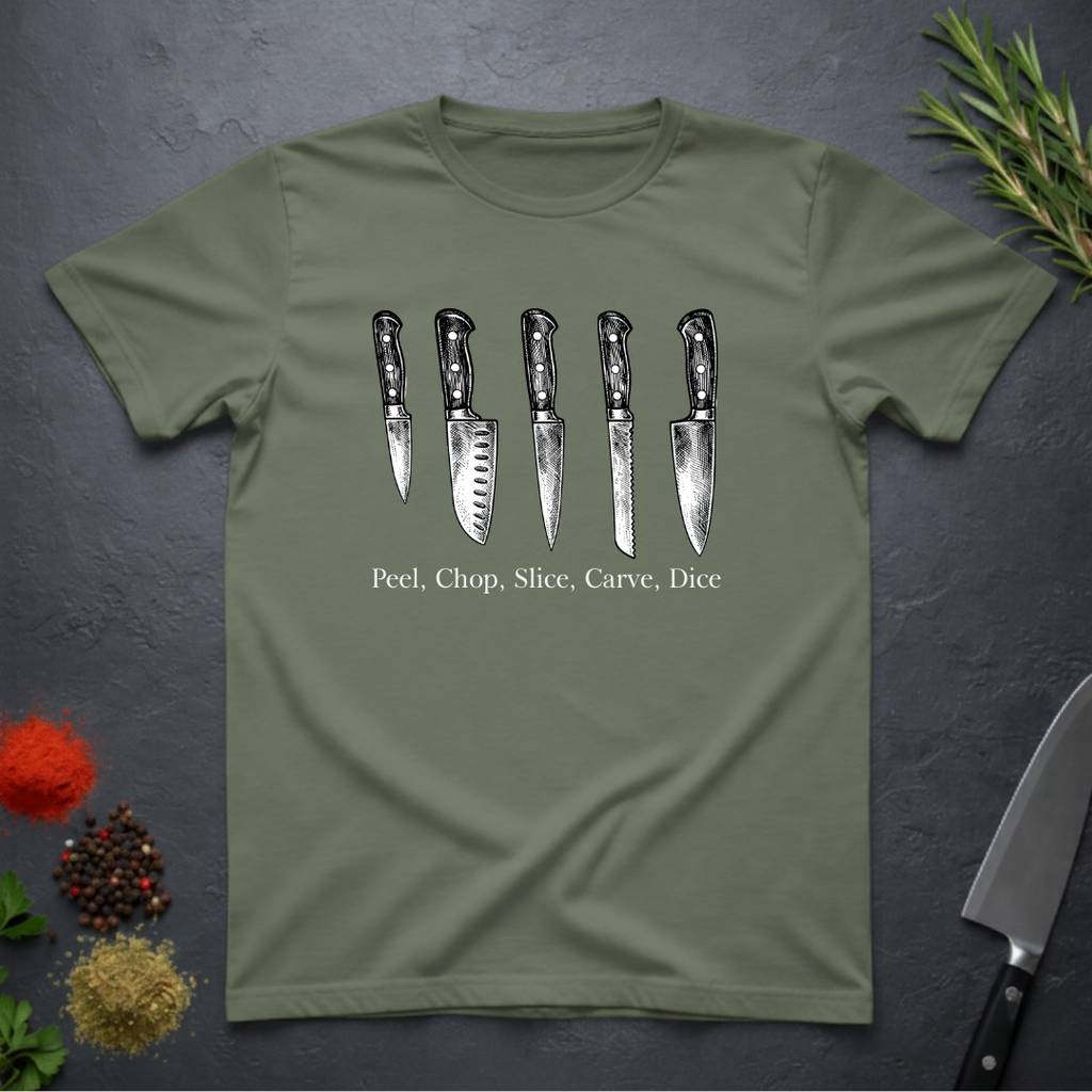 Military Green t-shirt with knife graphic and text 'Peel, Chop, Slice, Carve, Dice' on a dark surface.