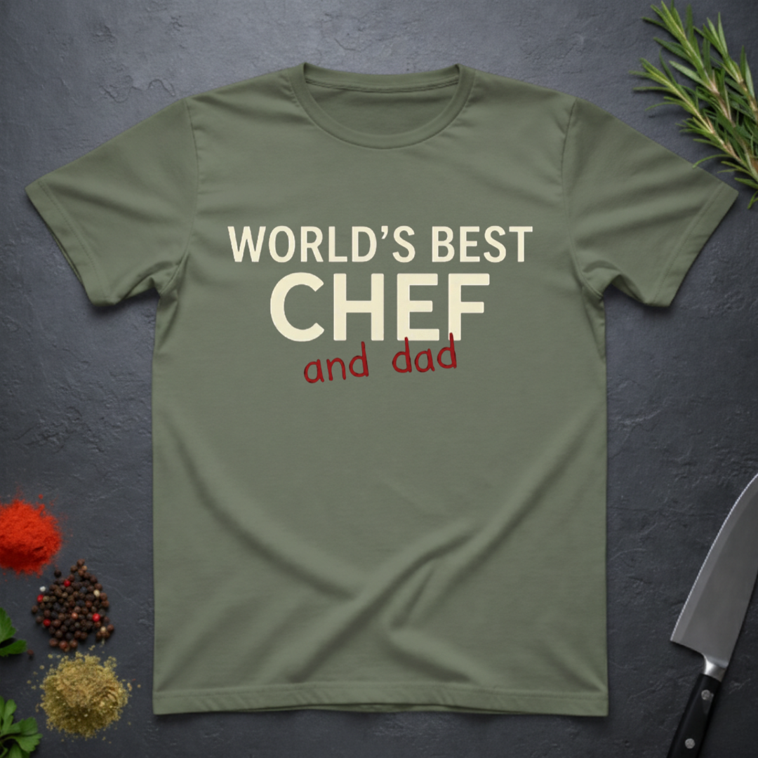 Military Green t-shirt with 'World's Best Chef - and Dad' text on a dark surface with kitchen items.