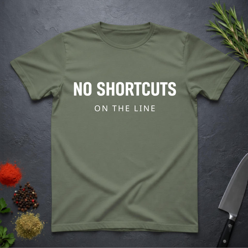 Military Green t-shirt with 'NO SHORTCUTS ON THE LINE' text on a dark surface with decorative elements.