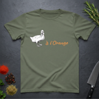 Military green with a white duck graphic and 'a l'Orange' text on a dark surface.