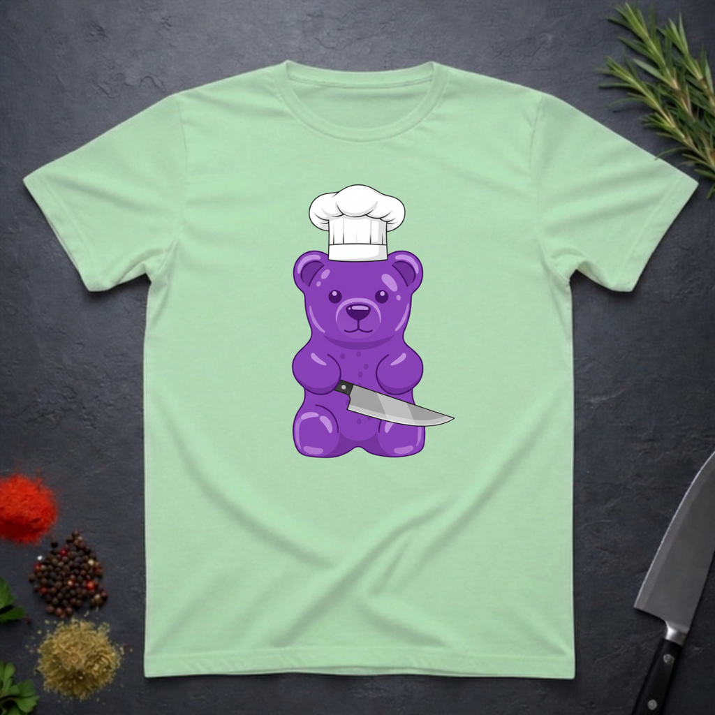 Mint green t-shirt with a purple bear wearing a chef's hat and holding a knife on a dark surface.