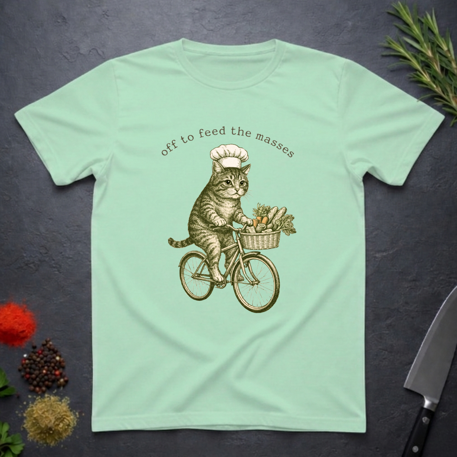 Mint green t-shirt with a cat riding a bicycle graphic and text 'off to feed the masses' on a dark surface.