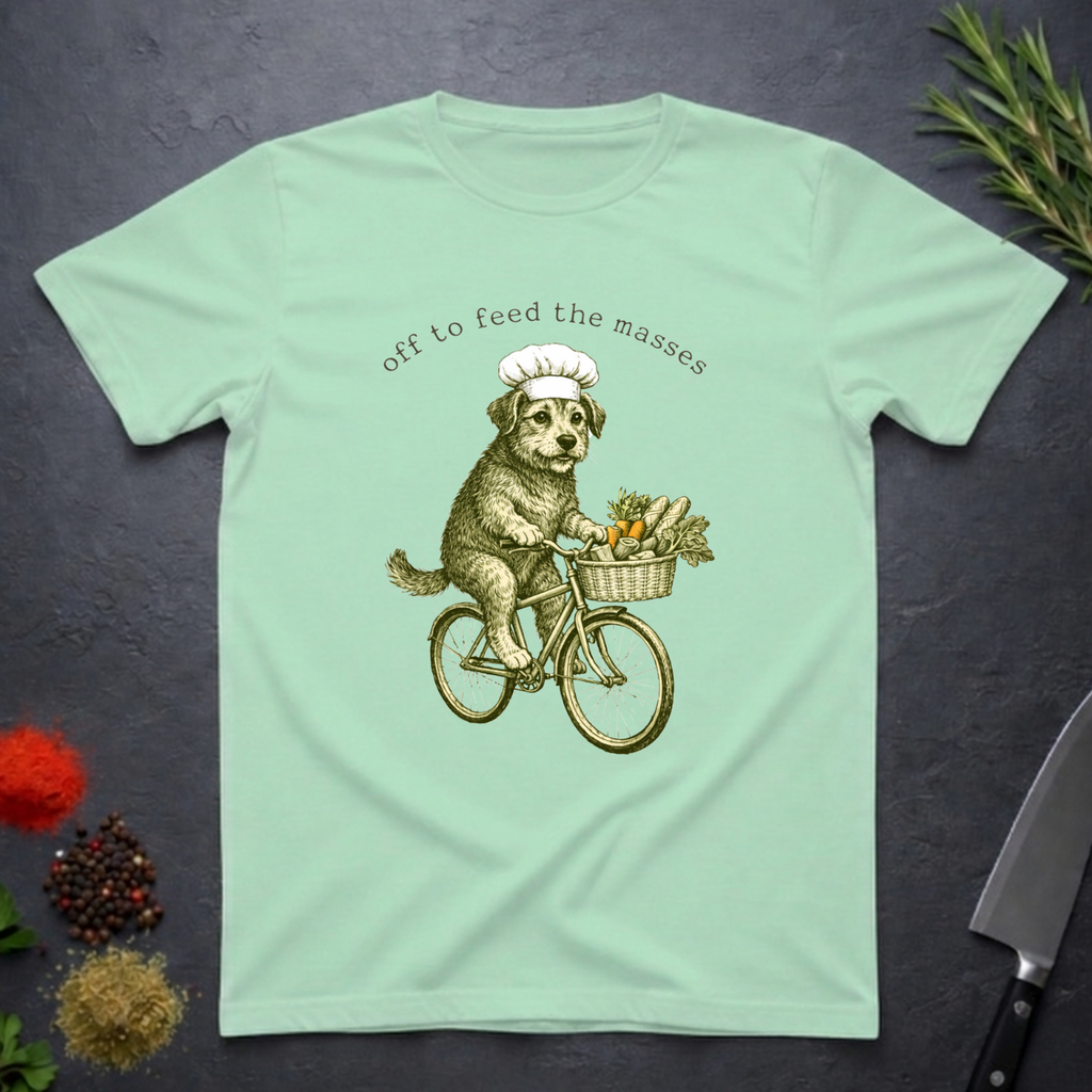 Mint green t-shirt with a graphic of a dog on a bicycle carrying a basket of vegetables and text 'off to feed the masses' on a dark surface.
