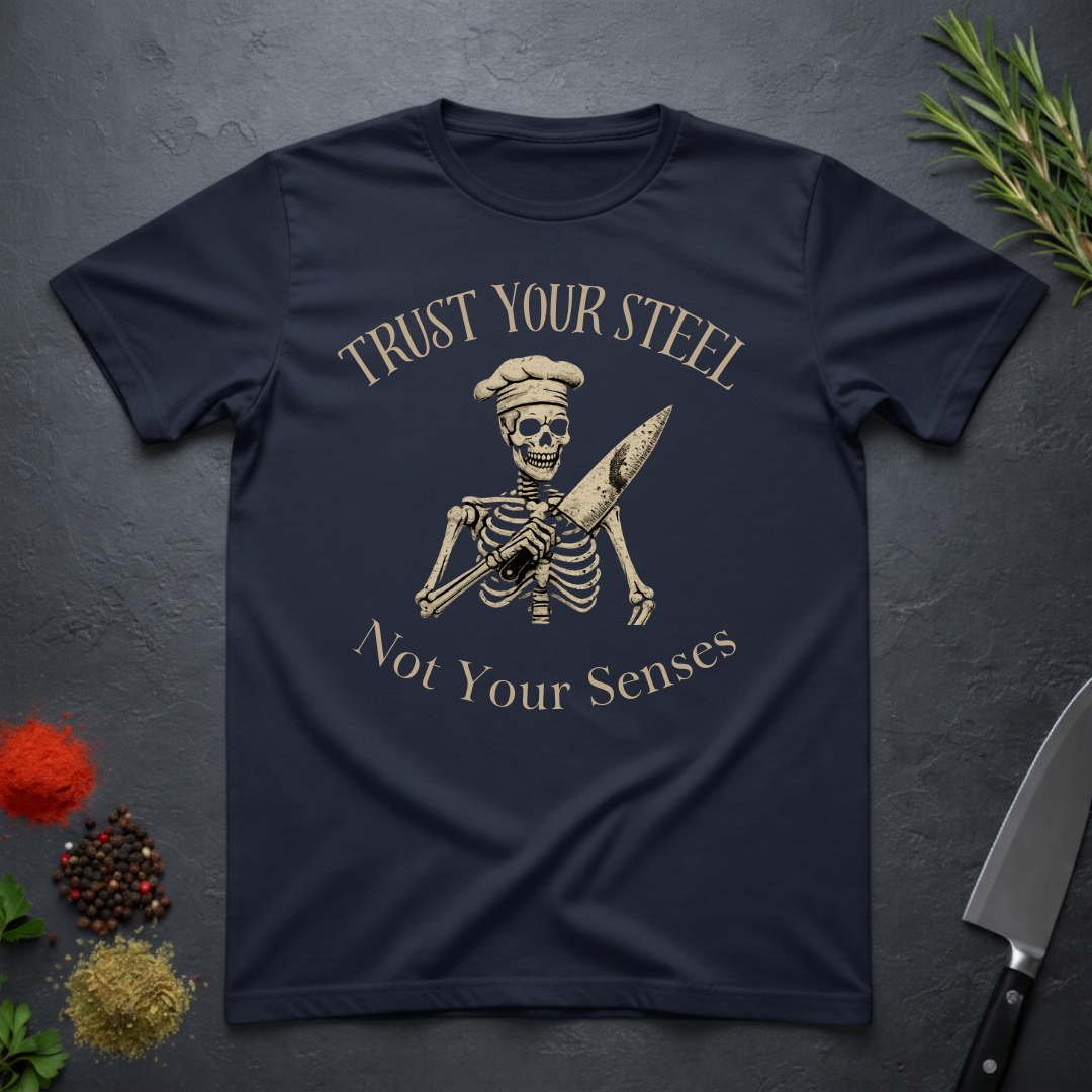 Navy blue t-shirt with skeleton design and text "Trust your Steel, Not Your Senses" on a dark surface with decorative elements.