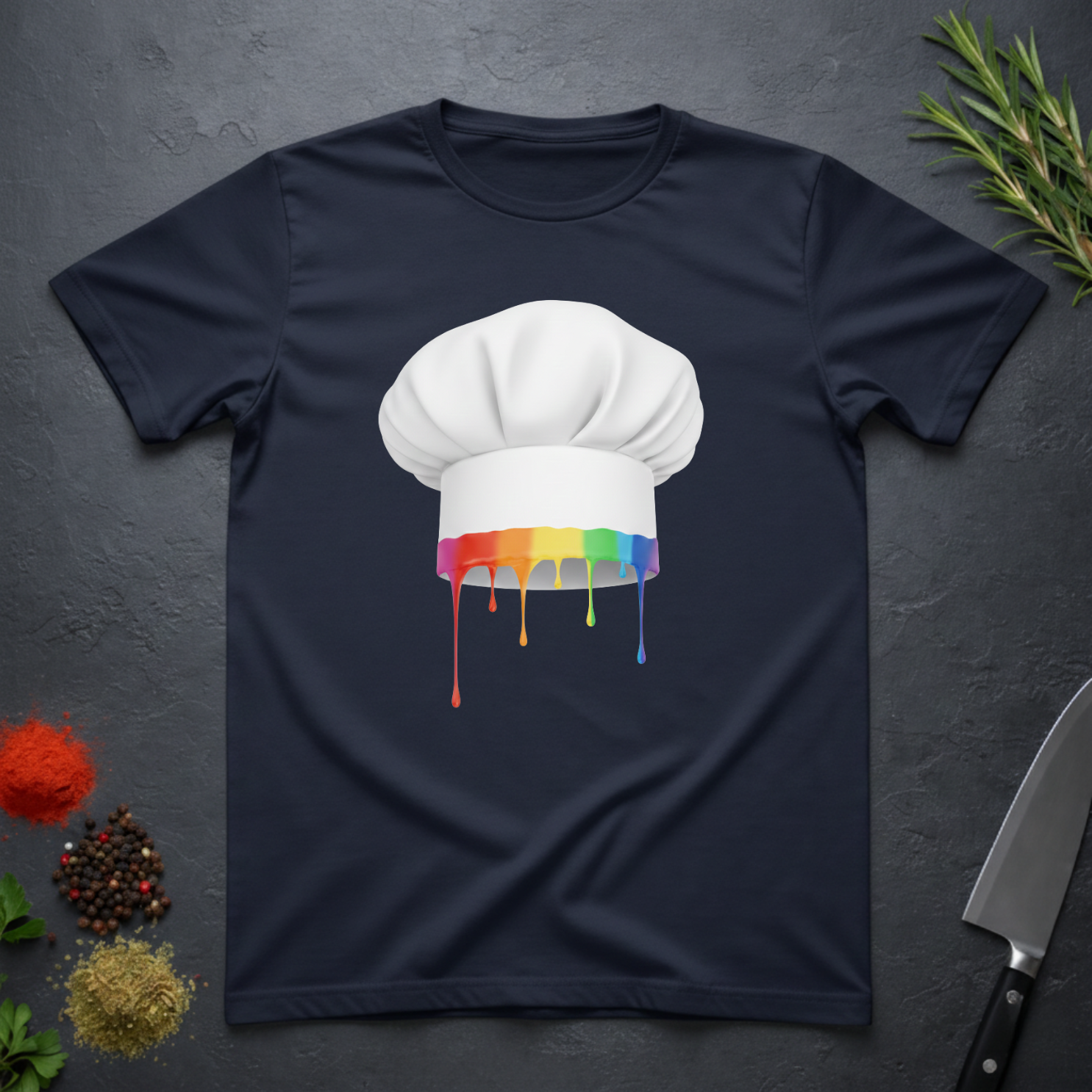 Navy blue t-shirt with a chef's hat graphic featuring dripping rainbow colors on a dark surface.