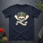 Navy blue t-shirt with skull and crossed knives with vegetables design with text "Death To Vegetable" on a dark surface.