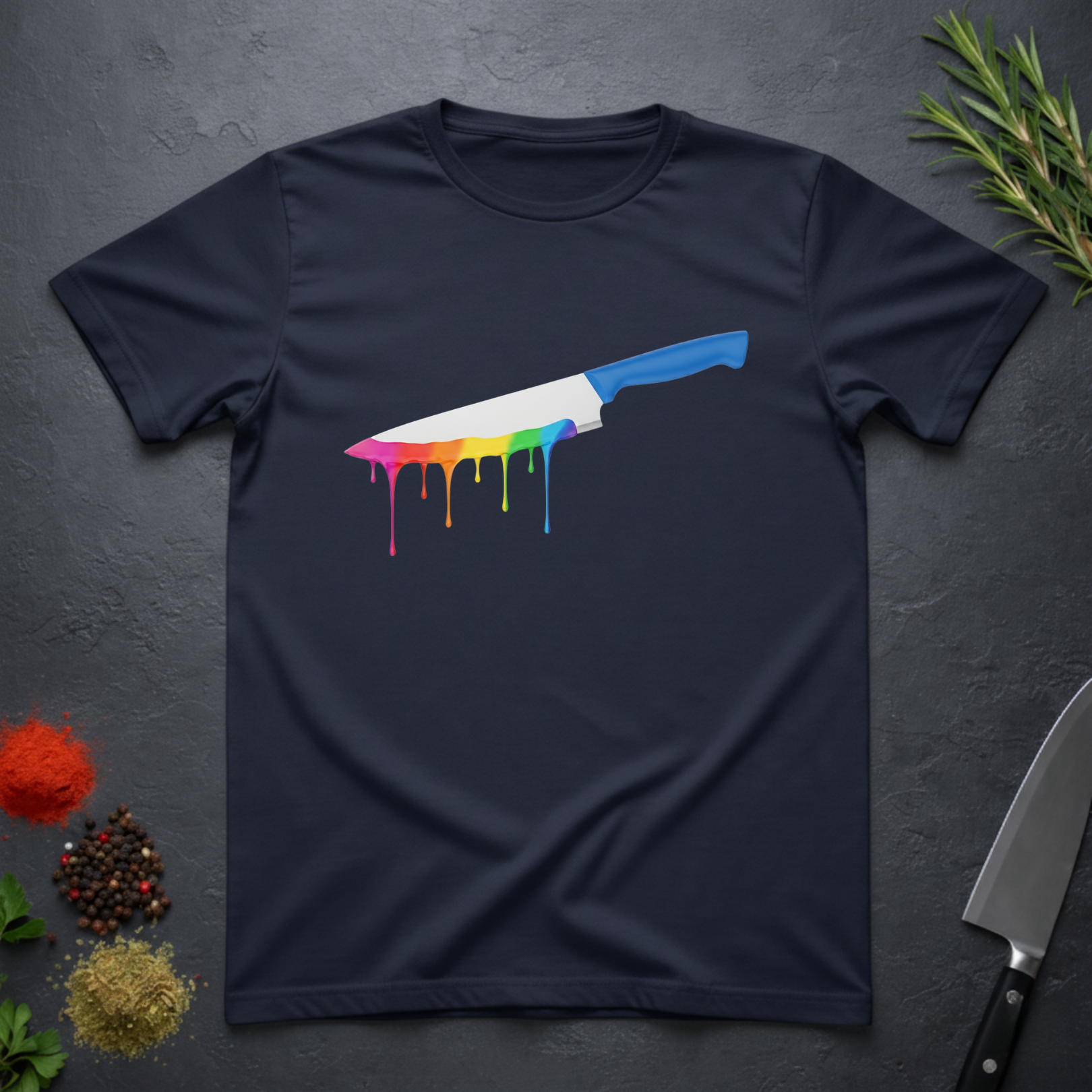 Navy blue t-shirt with a chef's knife with rainbow colored drip design on a dark surface.