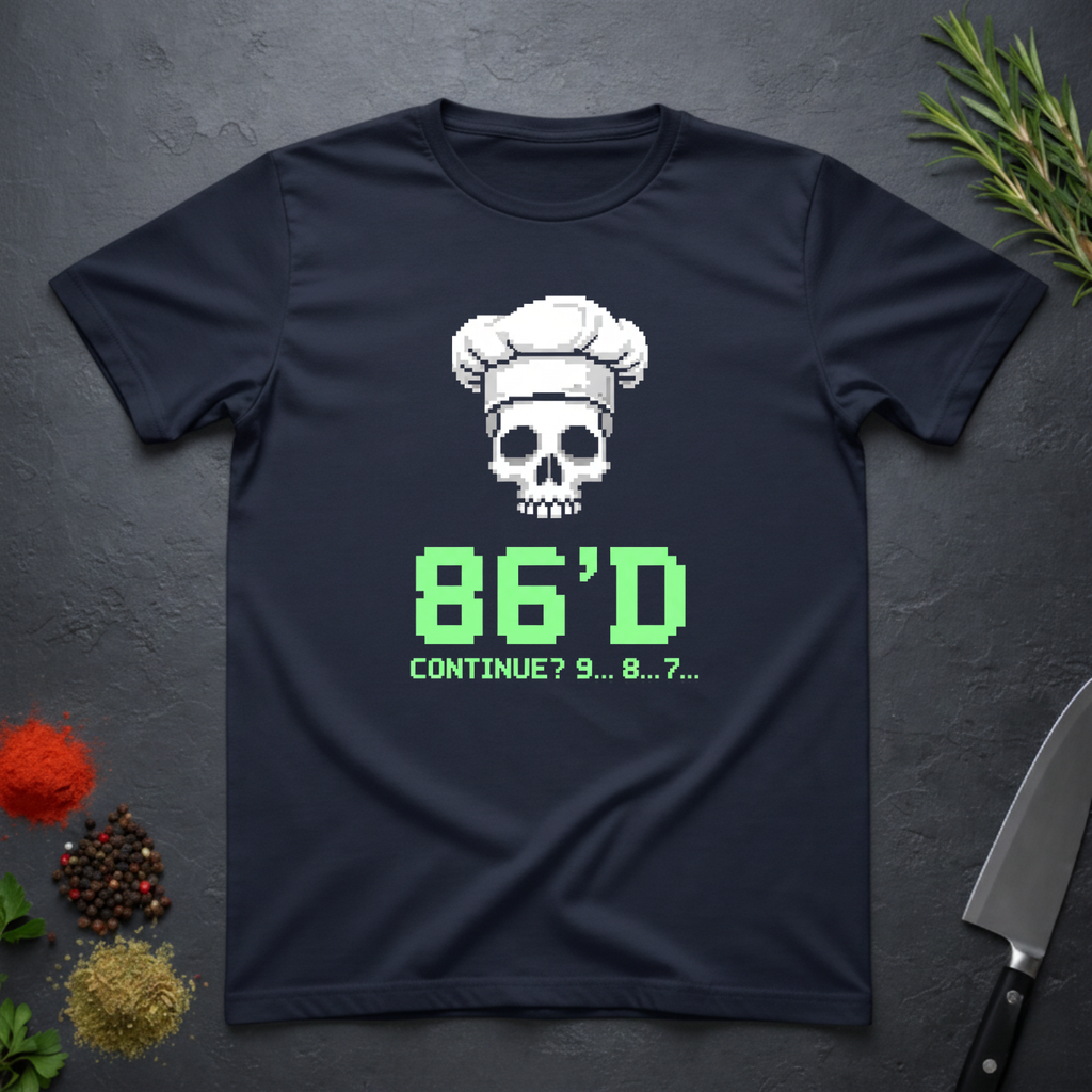 Navy blue t-shirt with a skull wearing a chef's hat and text "86'd Continue? 9...8....7..." on a dark surface.