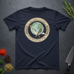 Navy Blue t-shirt with circular graphic of a globe and text "A Chef Blends All Cultures" on a dark surface.