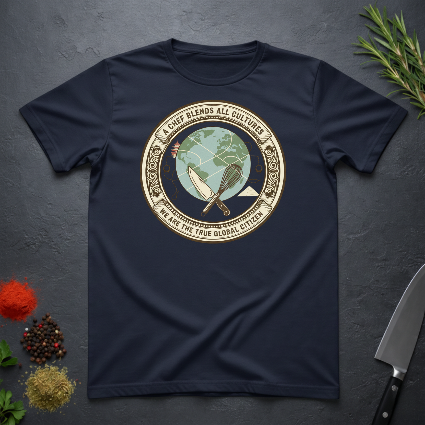 Navy Blue t-shirt with circular graphic of a globe and text "A Chef Blends All Cultures" on a dark surface.