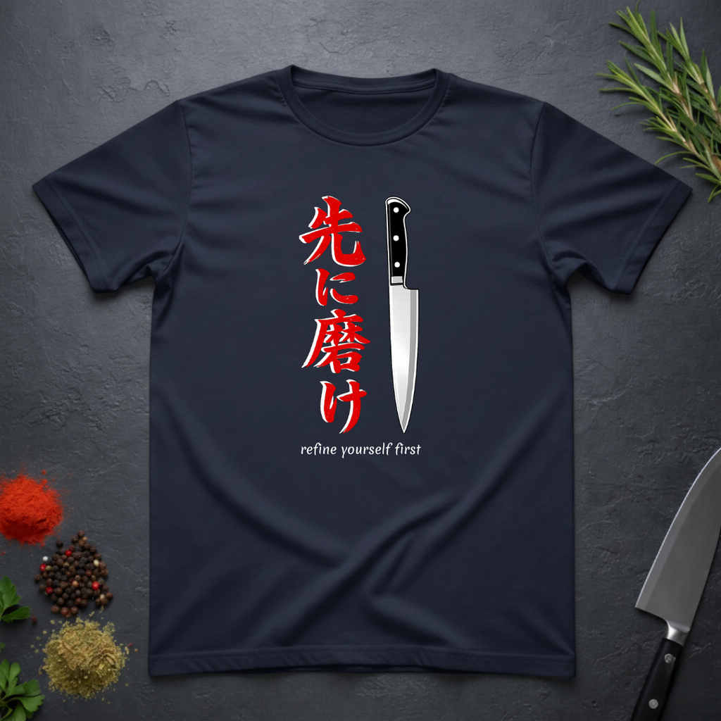 Navy blue t-shirt with a knife graphic and Japanese text "refine yourself first" on a dark surface.