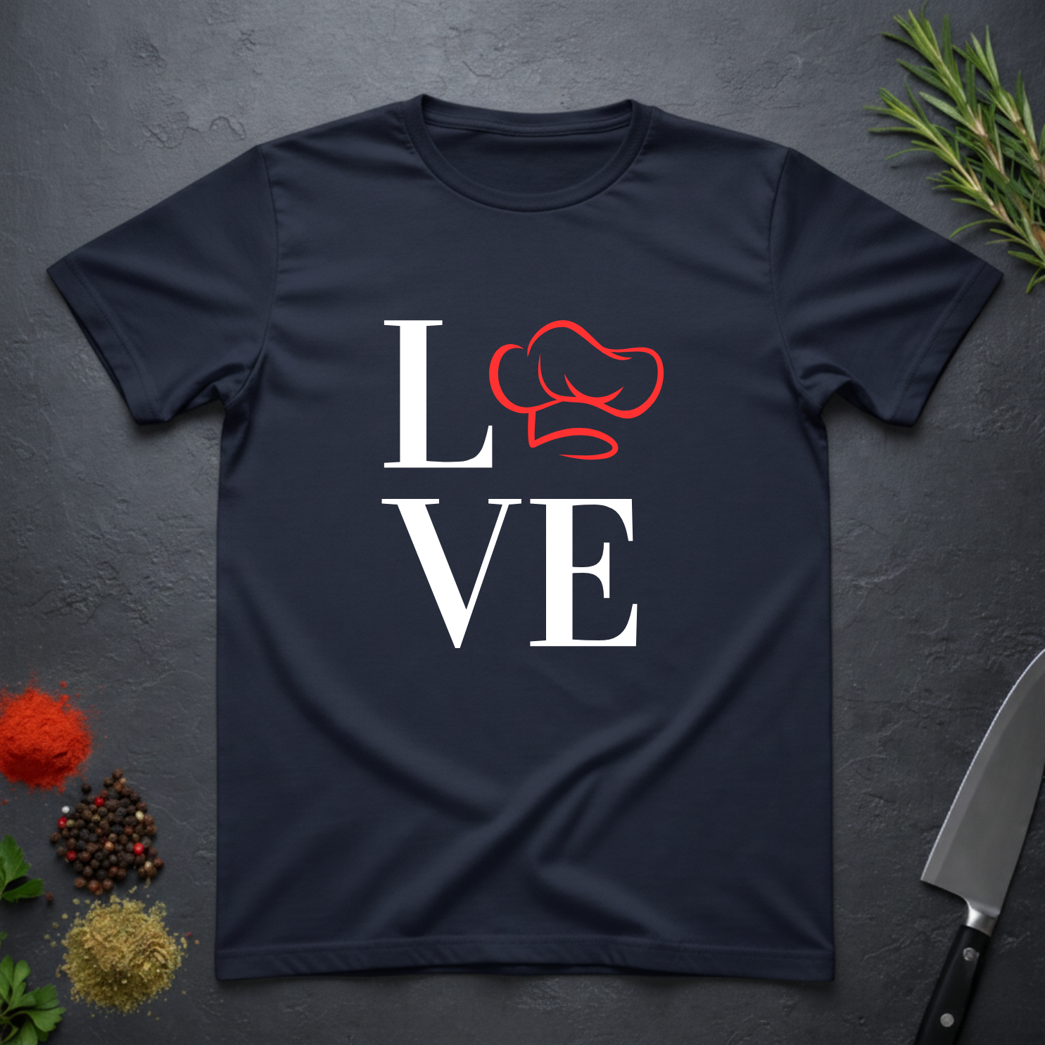 Navy Blue t-shirt with 'LOVE' design featuring a chef's hat as the letter O on a dark surface.