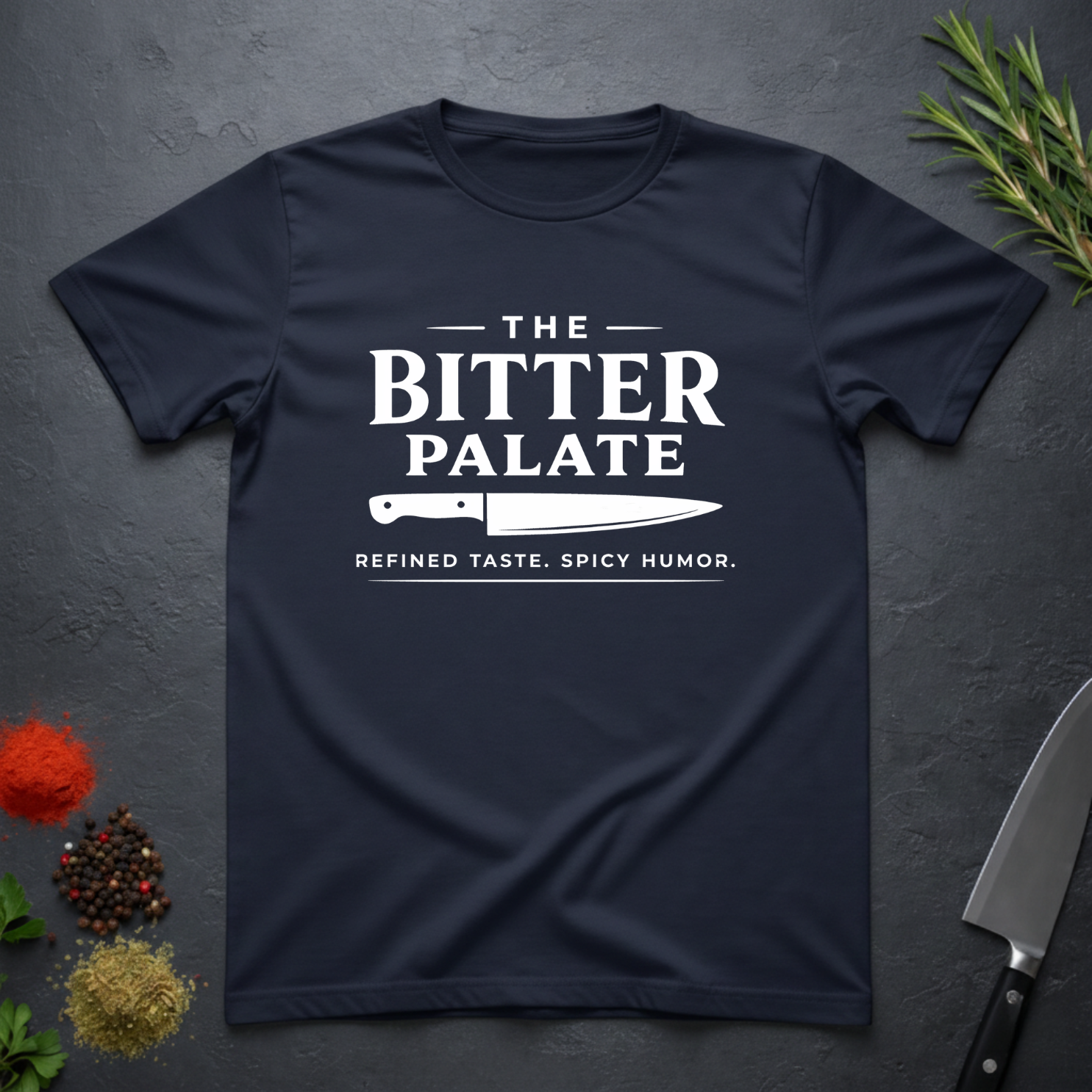 Navy Blue t-shirt with 'The Bitter Palate' logo on a dark surface with kitchen items.
