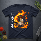 Navy blue t-shirt with a graphic design of an anime character holding wok in flames with Japanese characters on a dark surface.