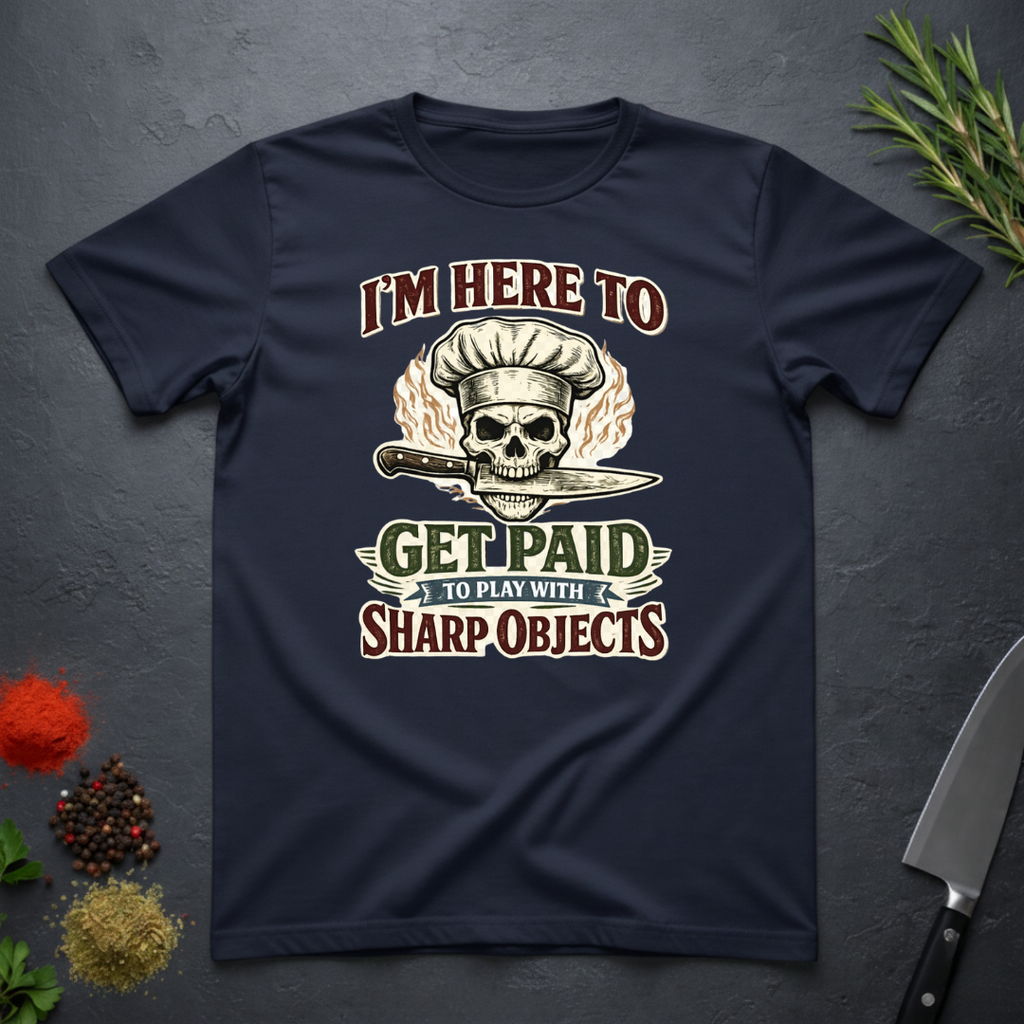 Navy blue t-shirt with skull and knife graphic and text "I'm Here to Get Paid the Play with Sharp objects" on a dark surface