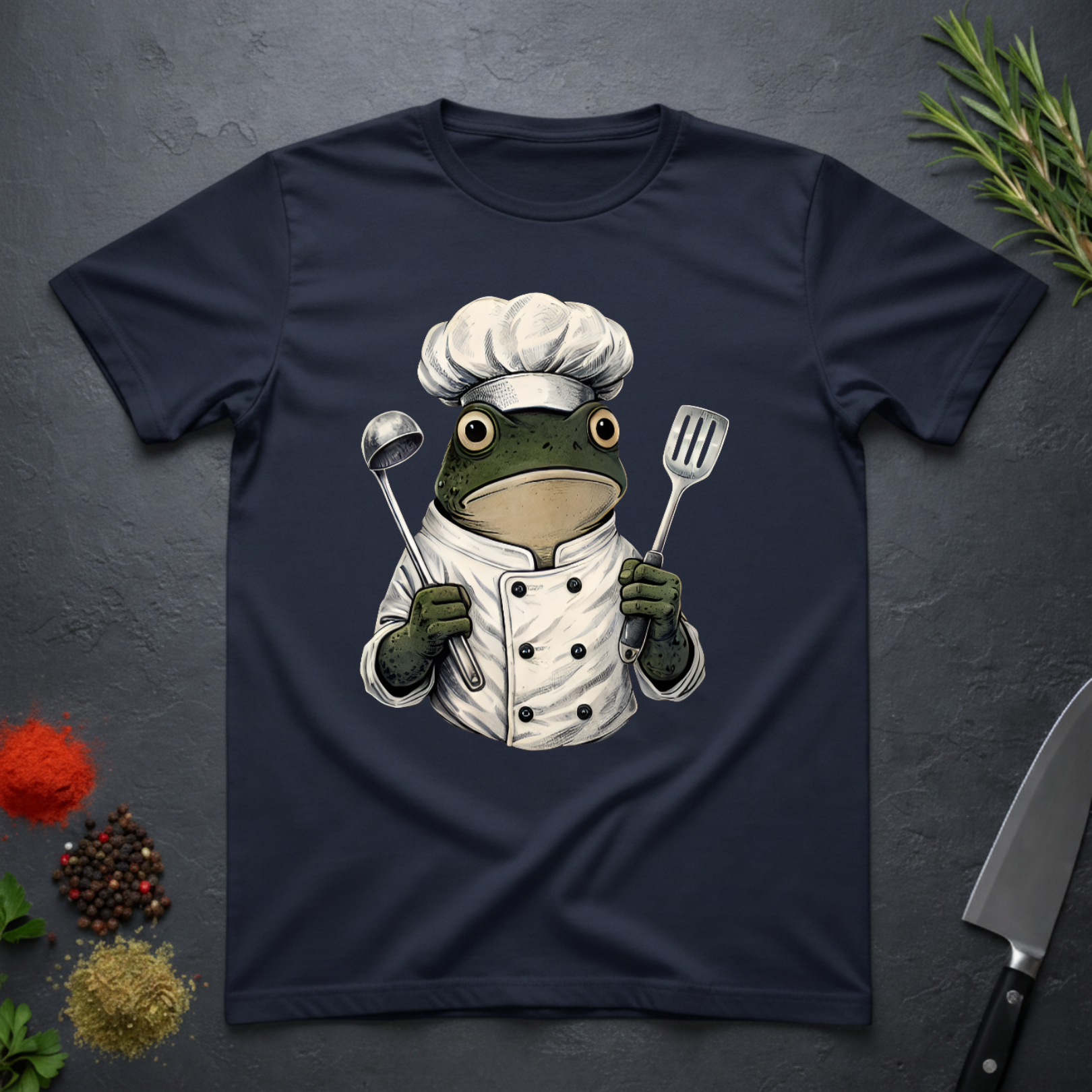Navy blue t-shirt with a frog chef holding utensils design on a dark  surface.