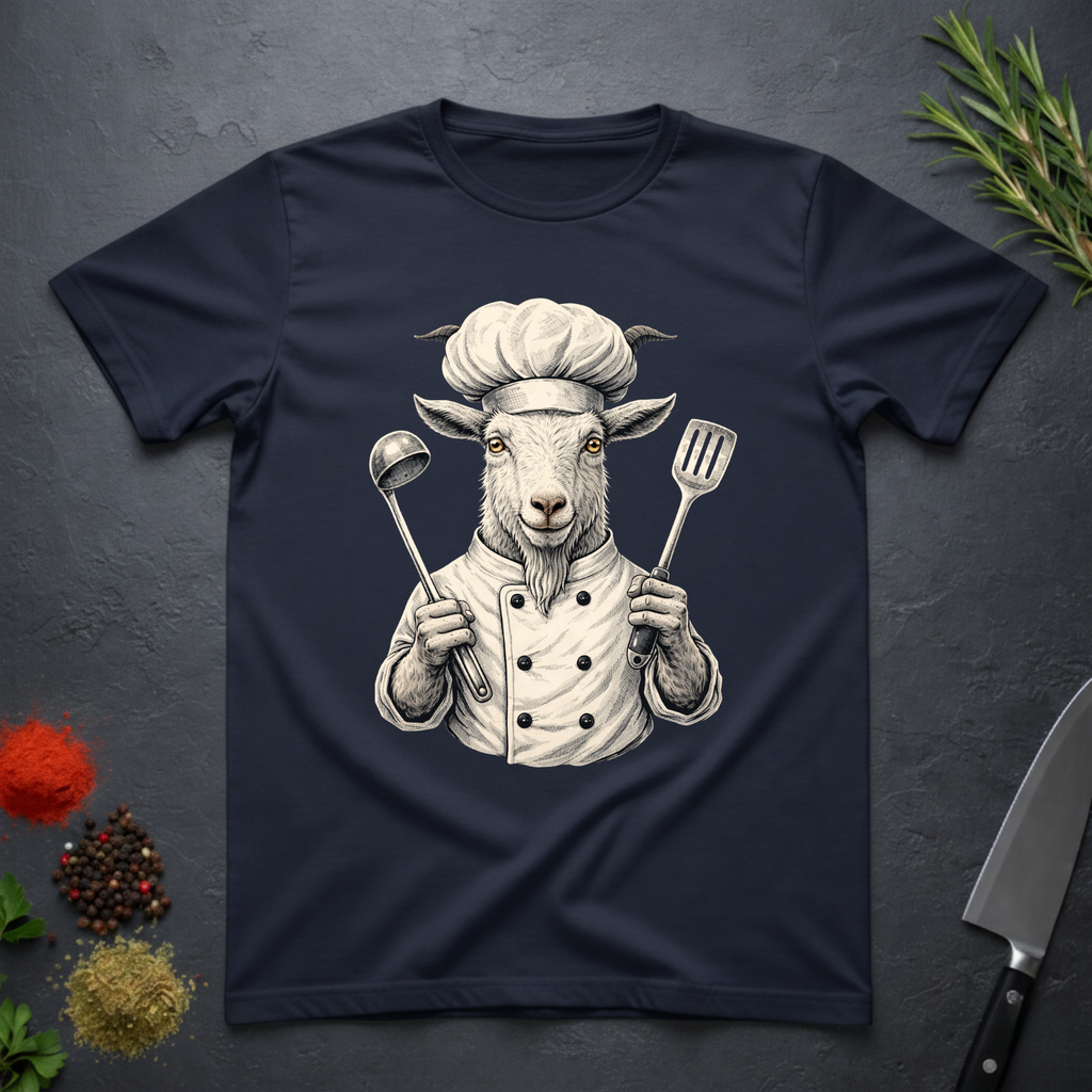 Navy blue t-shirt with a graphic of a chef goat holding cooking utensils on a dark surface.
