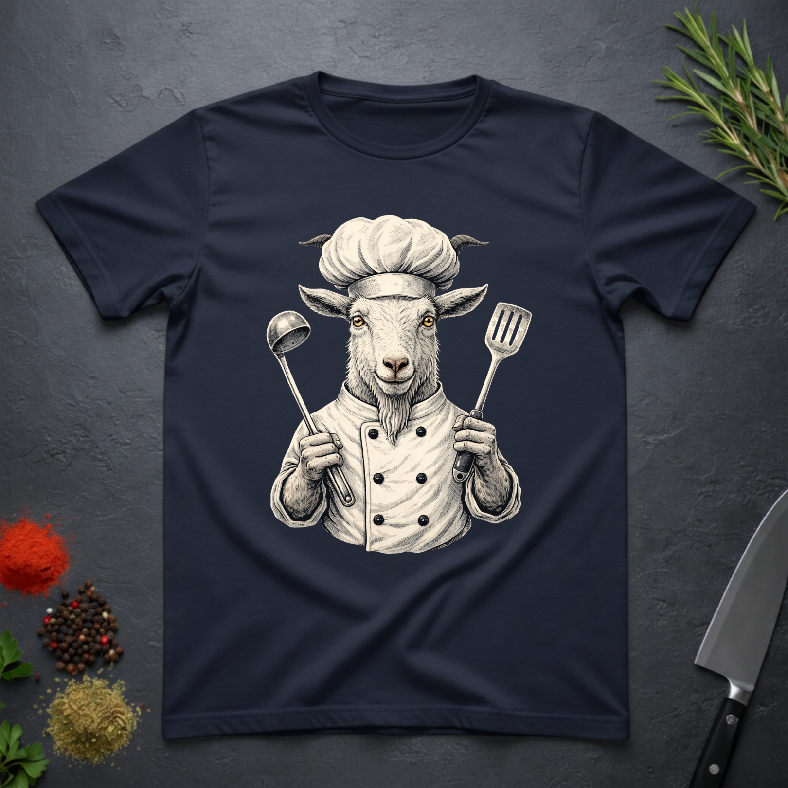 Navy blue t-shirt with a graphic of a chef goat holding cooking utensils on a dark surface.