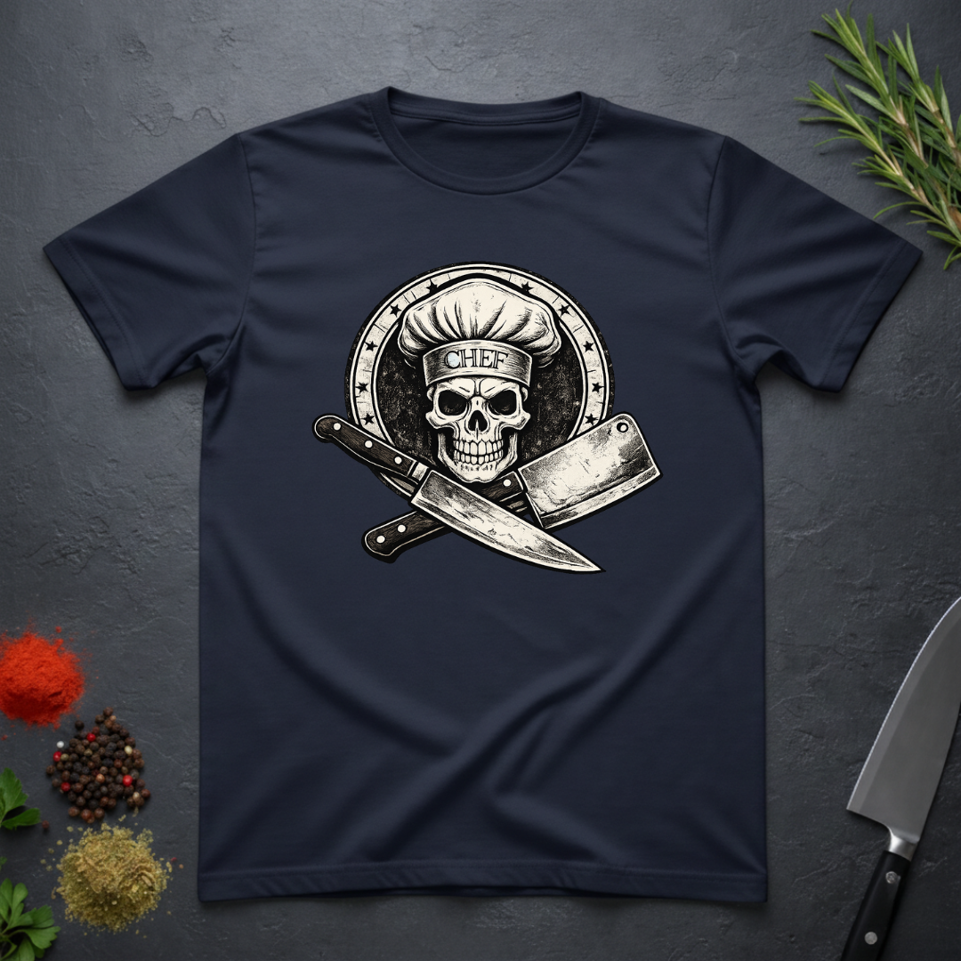 Navy blue t-shirt with skull in chef hat with crossed knifes graphic on a dark surface.
