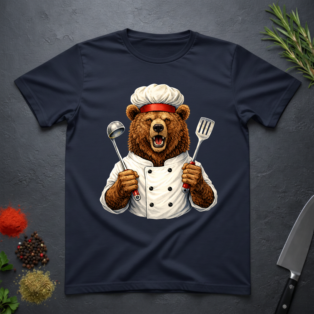 Navy blue t-shirt with a grizzly bear chef holding utensils design on a dark surface.