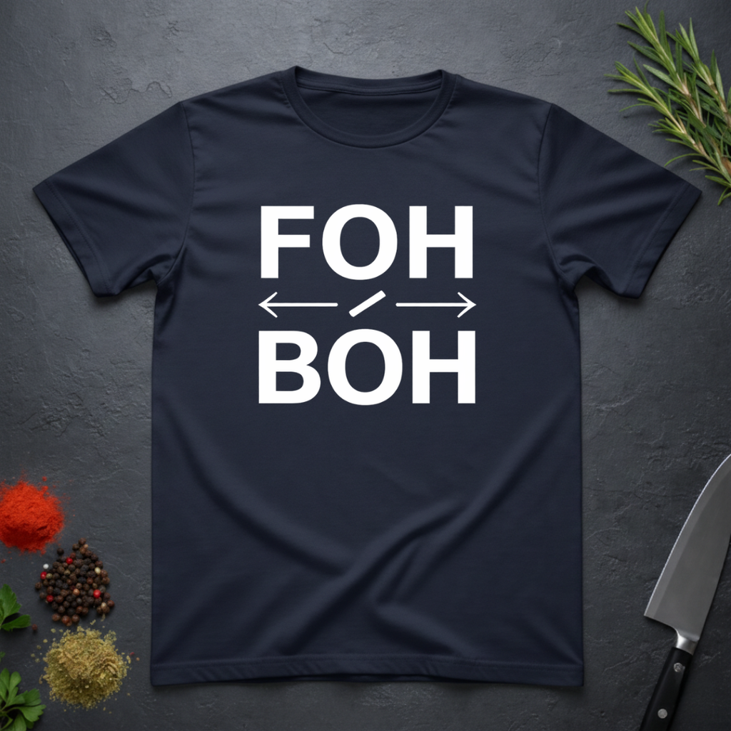 Navy blue t-shirt with 'FOH / BOH' text on a dark surface with decorative elements.
