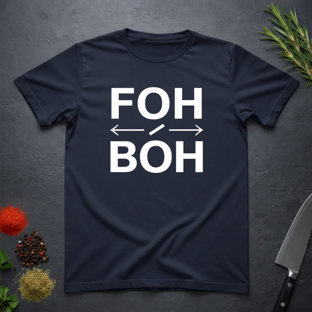 Navy blue t-shirt with 'FOH / BOH' text on a dark surface with decorative elements.