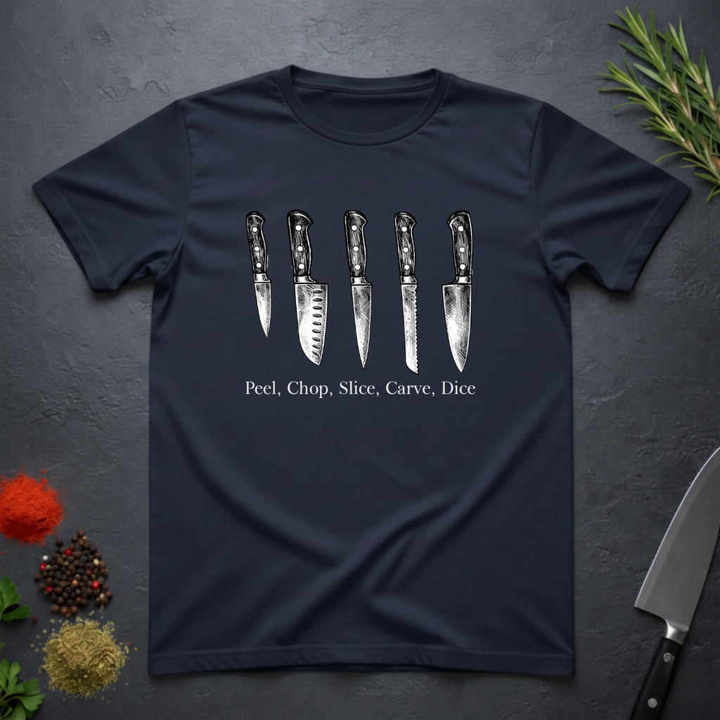 Navy blue t-shirt with knife graphic and text on a dark surface with kitchen items.