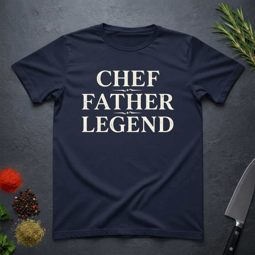 Navy blue t-shirt with 'CHEF FATHER LEGEND' text on a dark surface with kitchen items.