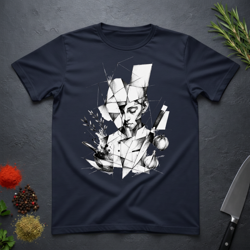 Nave Blue t-shirt with white geometric art of a chef with knife and ingredients.