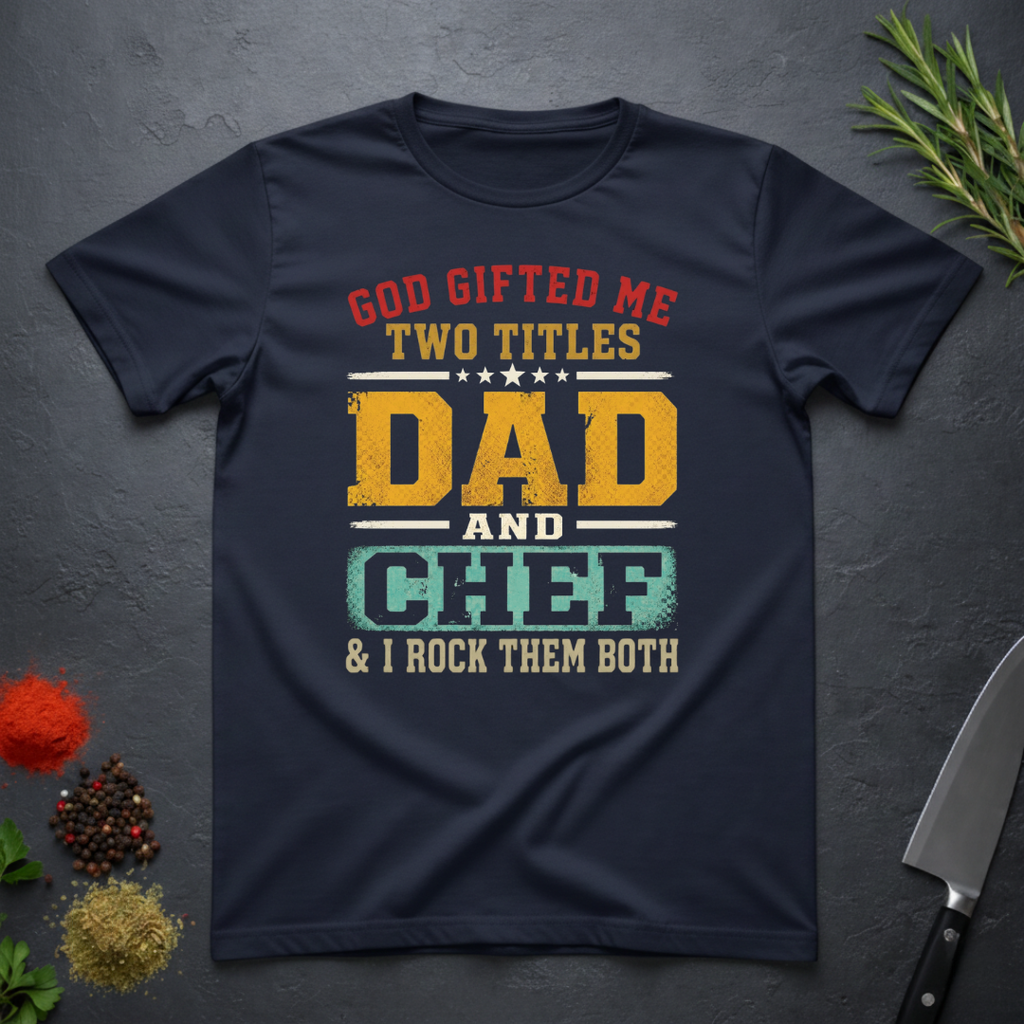 Navy blue t-shirt with colorful text design "God Gifted me Two Titles, Dad and Chef" on a dark surface.