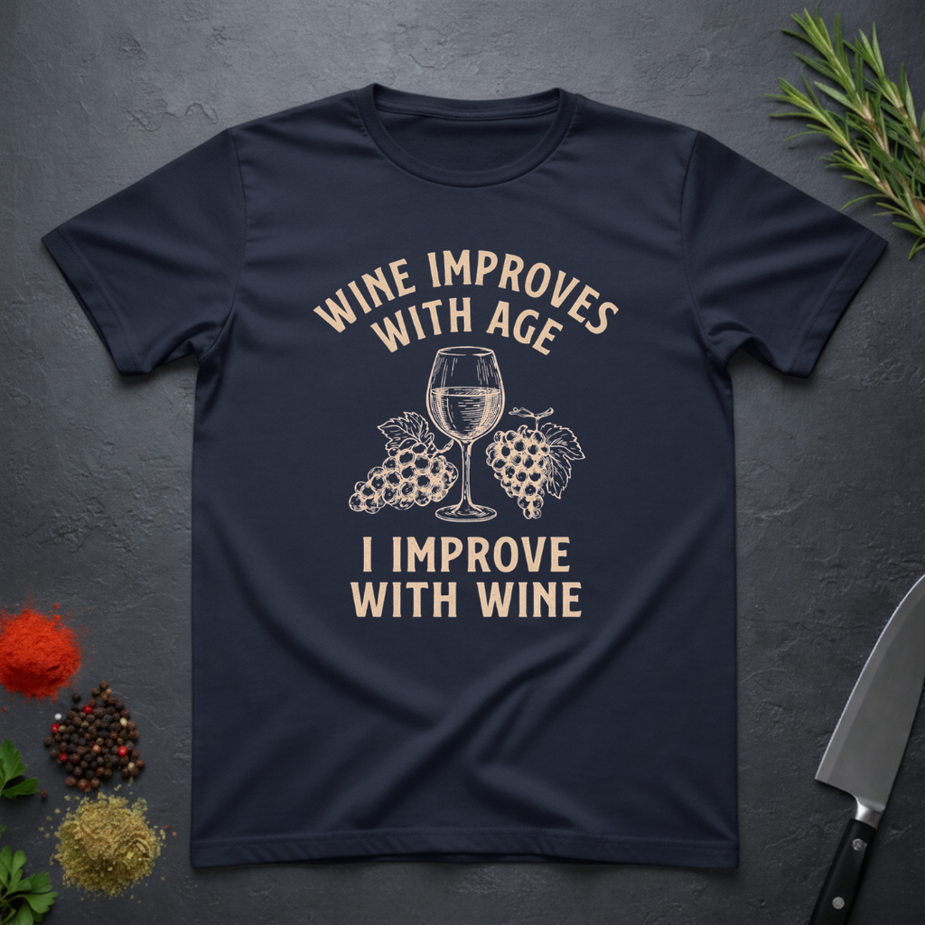 Navy blue t-shirt with text "Wine Improves With Age. I Improve With Wine" in an off-white bold font. Image of wine glass and grape bunches separate text. From the Bitter Palate brand.