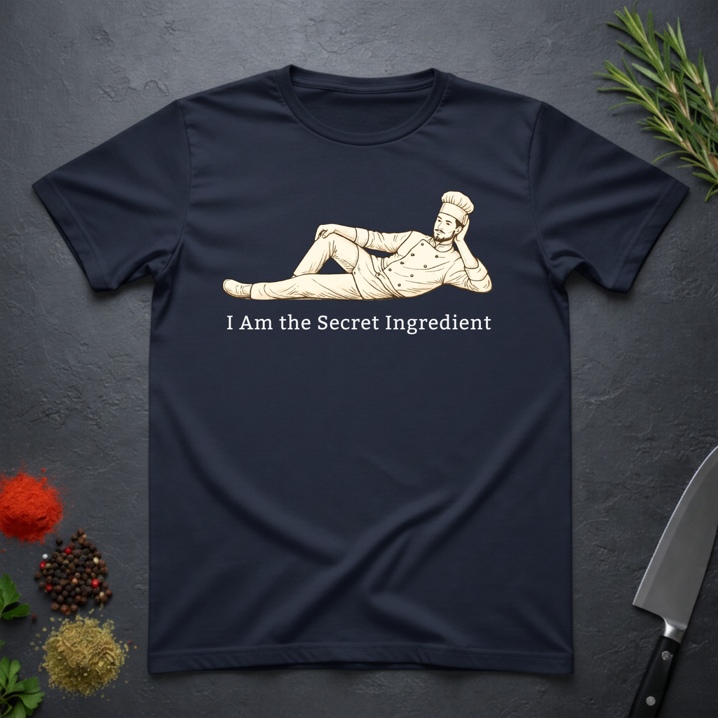 Navy blue t-shirt with a graphic of a chef lying on his side and text 'I Am the Secret Ingredient' on a dark surface with kitchen items.