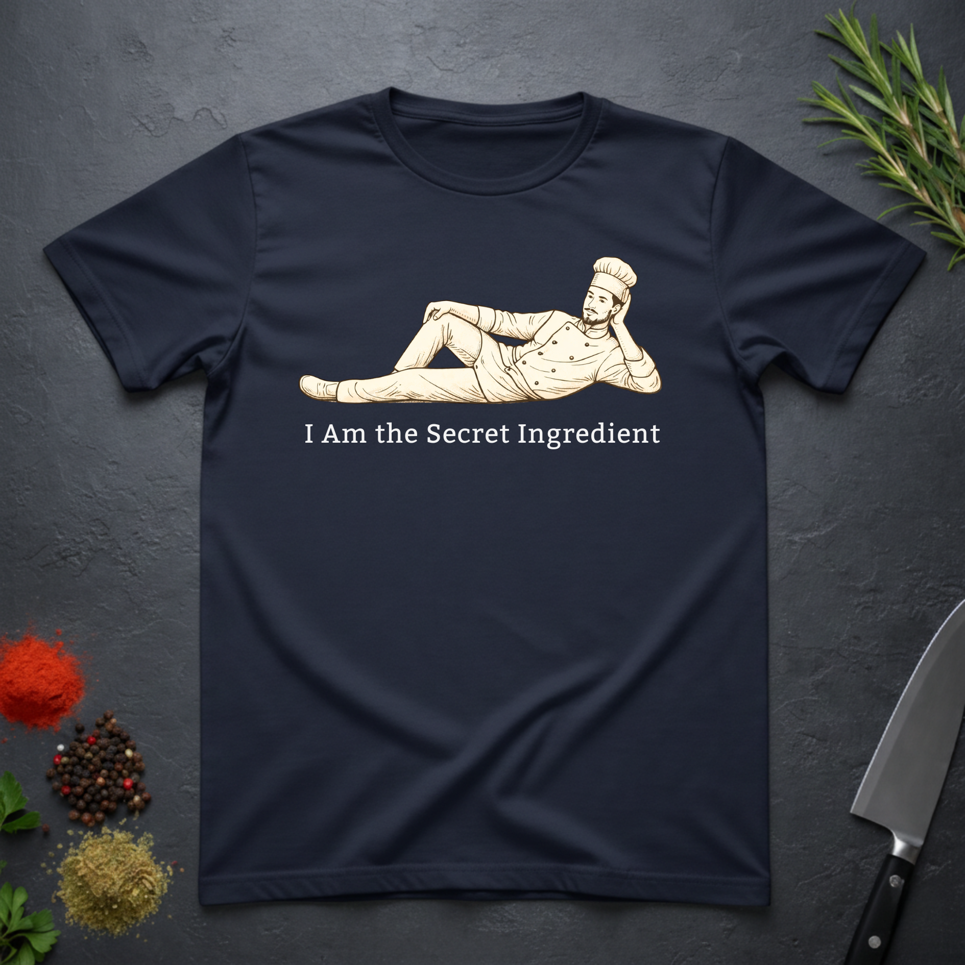 Navy blue t-shirt with a graphic of a chef lying on his side and text 'I Am the Secret Ingredient' on a dark surface with kitchen items.