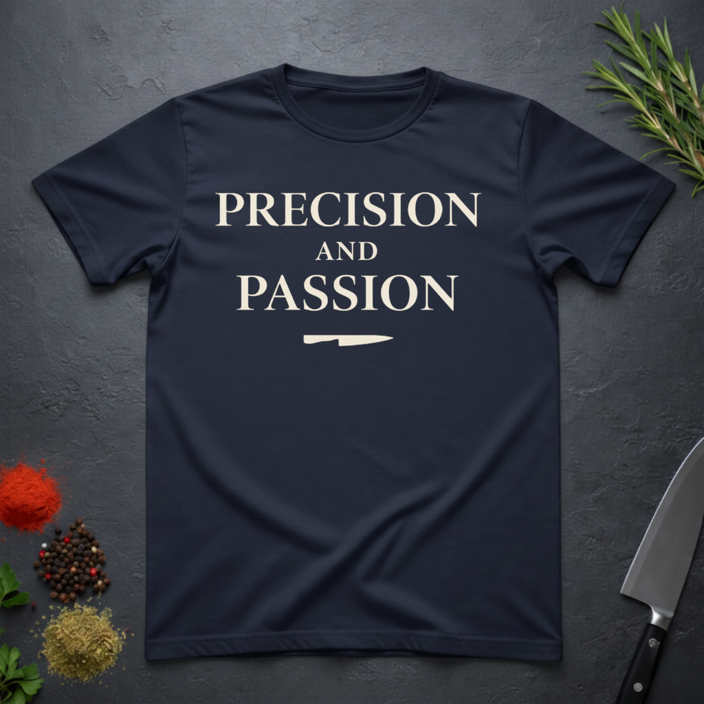 Navy blue t-shirt with 'PRECISION AND PASSION' text on a dark surface with kitchen items.